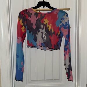 NWT Jaded London Mesh Colorful Abstract Long Sleeve Crop Top